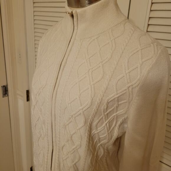 Talbots Lambswool Blend Cable Knit Full Zip Up Front Sweater Cream Womens Size L - Picture 3 of 9